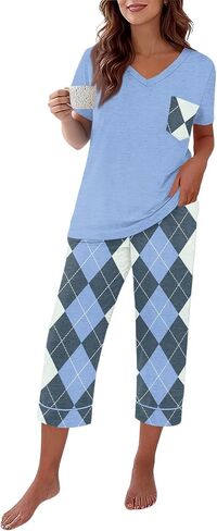 Capri Pajamas for Women Set Summer Cotton Pajamas Casual Soft Crop Pants and Top Matching Suits in Saudi Arabia