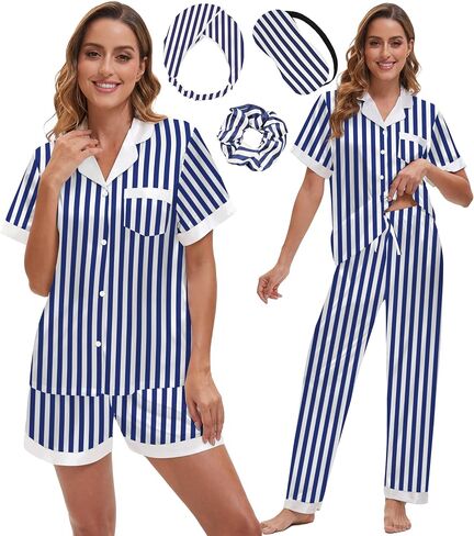 EPLAZA 3 Piece Silk Pajamas for Women Set Satin Pajama Short Sleeve Button Down Cute Silk Pjs Sets Loungewear Sleepwear in Saudi Arabia