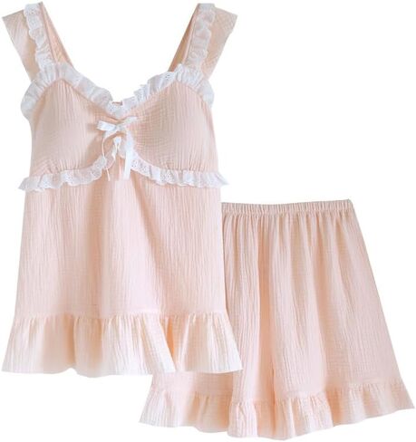 codcm Womens Built in Bra Pajamas Sets Cute Pj Set 2 Piece Cami Top and Ruffle Shorts Cotton Gauze Nightwear in Saudi Arabia