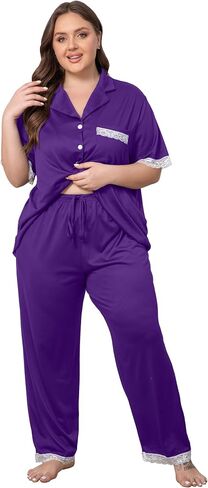 Vozanet Women Short Sleeve Long Pants Pajama Sets Lace Trim Button Down Sleepwear Plus Size Knit Loungewear Sexy Nighty in Saudi Arabia