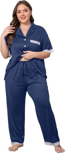 Vozanet Women Short Sleeve Long Pants Pajama Sets Lace Trim Button Down Sleepwear Plus Size Knit Loungewear Sexy Nighty in Saudi Arabia