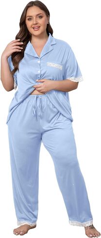 Vozanet Women Short Sleeve Long Pants Pajama Sets Lace Trim Button Down Sleepwear Plus Size Knit Loungewear Sexy Nighty in Saudi Arabia