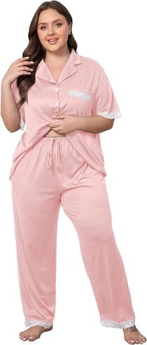 Vozanet Women Short Sleeve Long Pants Pajama Sets Lace Trim Button Down Sleepwear Plus Size Knit Loungewear Sexy Nighty in Saudi Arabia