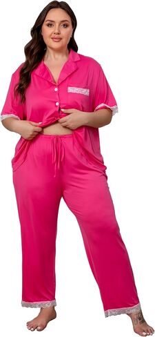 Vozanet Women Short Sleeve Long Pants Pajama Sets Lace Trim Button Down Sleepwear Plus Size Knit Loungewear Sexy Nighty in Saudi Arabia