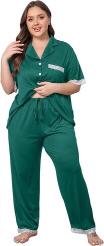 Vozanet Women Short Sleeve Long Pants Pajama Sets Lace Trim Button Down Sleepwear Plus Size Knit Loungewear Sexy Nighty in Saudi Arabia