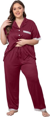 Vozanet Women Short Sleeve Long Pants Pajama Sets Lace Trim Button Down Sleepwear Plus Size Knit Loungewear Sexy Nighty in Saudi Arabia