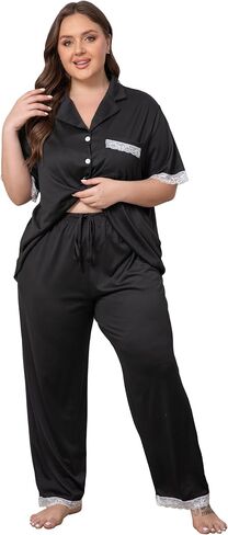 Vozanet Women Short Sleeve Long Pants Pajama Sets Lace Trim Button Down Sleepwear Plus Size Knit Loungewear Sexy Nighty in Saudi Arabia