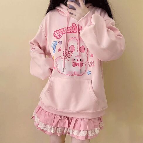 Kawaii Goth Fashion Casual Style فضفاضة بأكمام طويلة مقنعين لطيف الكرتون قليلا الأرنب طباعة هوديس مع جيوب in Kuwait
