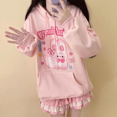 Kawaii Goth Fashion Casual Style فضفاضة بأكمام طويلة مقنعين لطيف الكرتون قليلا الأرنب طباعة هوديس مع جيوب in Kuwait