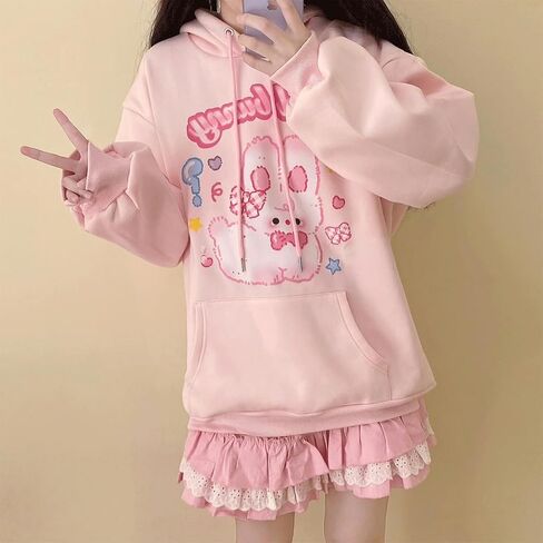 Kawaii Goth Fashion Casual Style فضفاضة بأكمام طويلة مقنعين لطيف الكرتون قليلا الأرنب طباعة هوديس مع جيوب in Kuwait