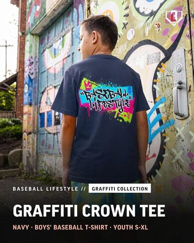 Baseball Lifestyle 101 Graffiti Crown Youth Tee - Navy, Youth Sizes S-XL in Saudi Arabia
