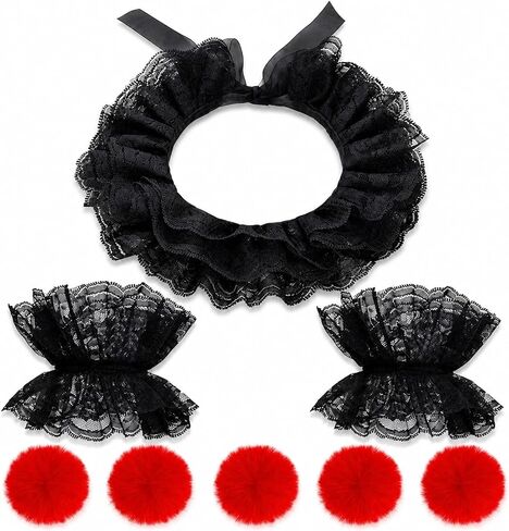 8PCS Clown Collar Set with Elastic Lace Cuffs and Red Pom Poms | Layered Black Lace Style for Clown, Jester, Victorian, Halloween, Masquerade, Cosplay, Stage Party and Photo Booth Looks Fun in Saudi Arabia