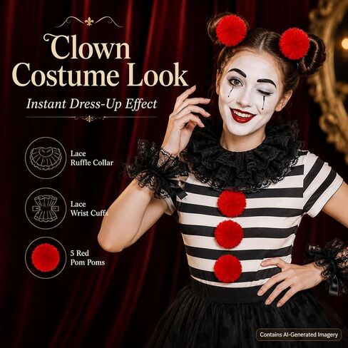 8PCS Clown Collar Set with Elastic Lace Cuffs and Red Pom Poms | Layered Black Lace Style for Clown, Jester, Victorian, Halloween, Masquerade, Cosplay, Stage Party and Photo Booth Looks Fun in Saudi Arabia