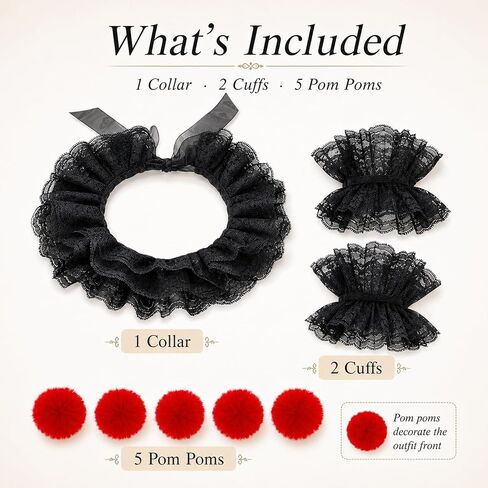 8PCS Clown Collar Set with Elastic Lace Cuffs and Red Pom Poms | Layered Black Lace Style for Clown, Jester, Victorian, Halloween, Masquerade, Cosplay, Stage Party and Photo Booth Looks Fun in Saudi Arabia