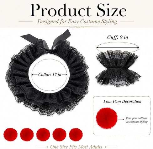 8PCS Clown Collar Set with Elastic Lace Cuffs and Red Pom Poms | Layered Black Lace Style for Clown, Jester, Victorian, Halloween, Masquerade, Cosplay, Stage Party and Photo Booth Looks Fun in Saudi Arabia