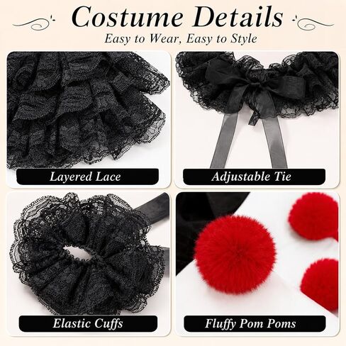 8PCS Clown Collar Set with Elastic Lace Cuffs and Red Pom Poms | Layered Black Lace Style for Clown, Jester, Victorian, Halloween, Masquerade, Cosplay, Stage Party and Photo Booth Looks Fun in Saudi Arabia
