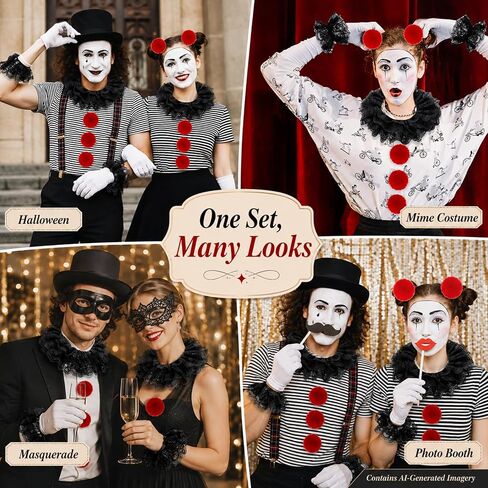8PCS Clown Collar Set with Elastic Lace Cuffs and Red Pom Poms | Layered Black Lace Style for Clown, Jester, Victorian, Halloween, Masquerade, Cosplay, Stage Party and Photo Booth Looks Fun in Saudi Arabia