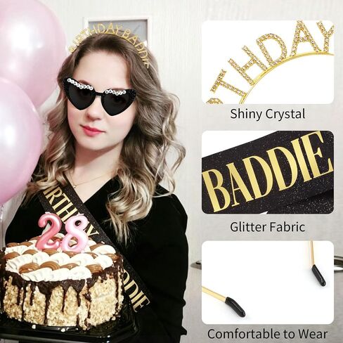 Aprince 3PCS Gold Birthday Baddie Sash and Crown & Heart Sunglasses Party Decorations Favors Supplies Gifts for Women & Girls in Saudi Arabia