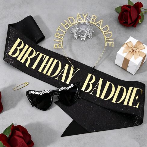 Aprince 3PCS Gold Birthday Baddie Sash and Crown & Heart Sunglasses Party Decorations Favors Supplies Gifts for Women & Girls in Saudi Arabia