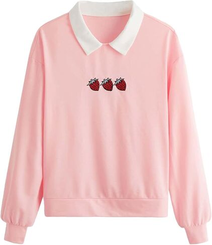 Women's Contrast Collar Strawberry Embroidery Sweatshirt in Kuwait