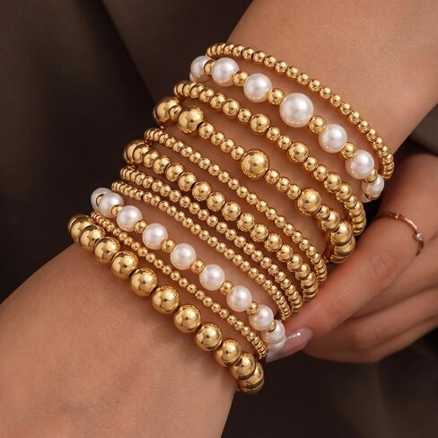 10 Pcs Bracelet for Women Chunky Stacking Plated Bead Ball Stretchable Bracelets Set Natural Pearl Jewelry for Women in Kuwait