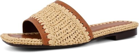 ZBOT Women's Raffia Flat Sandals Woven Square Toe Open Toe Slip On Sandals—Perfect for Summer, the Beach, Travel, and Vacations in Saudi Arabia