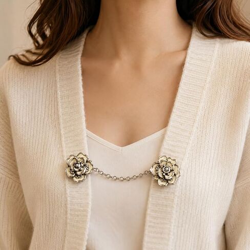 Vintage Floral Sweater Clip for Women – Elegant Cardigan Shawl Fastener with Chain, Rose Flower Brooch Clips for Sweaters, Scarves & Shawls in Kuwait