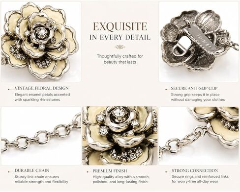 Vintage Floral Sweater Clip for Women – Elegant Cardigan Shawl Fastener with Chain, Rose Flower Brooch Clips for Sweaters, Scarves & Shawls in Kuwait