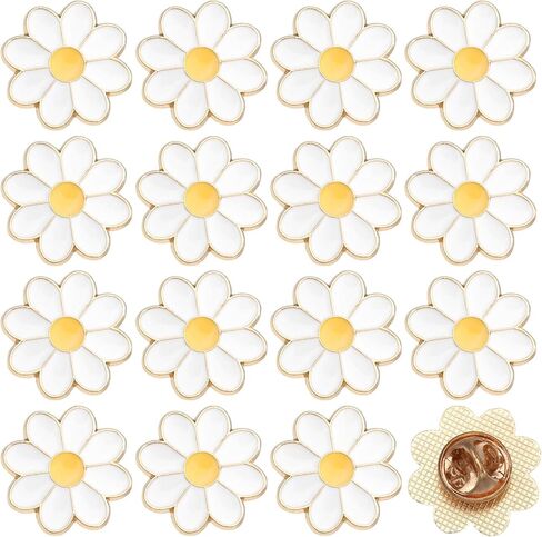 16Pcs White Daisy Award Lapel Pin, 0.79inch, White and Yellow | For Women Nurses Faculty Suit Collar Tie Dress Bags Hats Jacket, Jewelry Pins, Metal Ceramic in Kuwait
