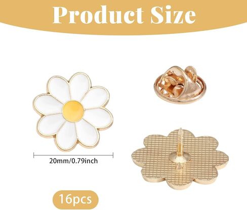 16Pcs White Daisy Award Lapel Pin, 0.79inch, White and Yellow | For Women Nurses Faculty Suit Collar Tie Dress Bags Hats Jacket, Jewelry Pins, Metal Ceramic in Kuwait