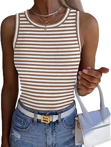 Tank Tops Womens Sleeveless Cute Summer Women Summer Workout Stripes Tank Tops Sleeveless Racerback Crewneck Casual Loose Running Gym Athletic Tee Shirts Outfits for Cropped Beach (1Brown,S) in Saudi Arabia