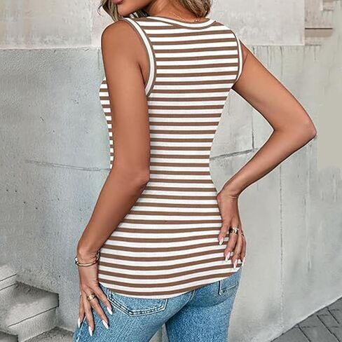 Tank Tops Womens Sleeveless Cute Summer Women Summer Workout Stripes Tank Tops Sleeveless Racerback Crewneck Casual Loose Running Gym Athletic Tee Shirts Outfits for Cropped Beach (1Brown,S) in Saudi Arabia