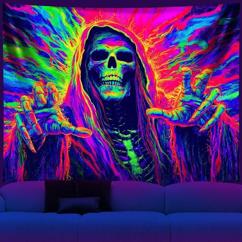NYZE Blacklight Halloween Tapestry Glow in The Dark Tapestry UV Reactive Trippy Tapestry Neon Halloween Wall Art Black Light Posters for Bedroom Living Room Party Decor - Reaper Skull, 79" L X 59" W in Saudi Arabia