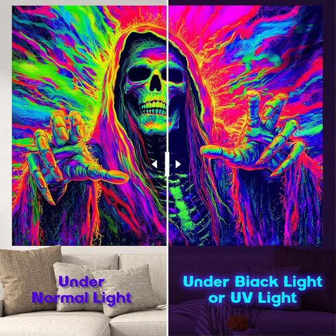 NYZE Blacklight Halloween Tapestry Glow in The Dark Tapestry UV Reactive Trippy Tapestry Neon Halloween Wall Art Black Light Posters for Bedroom Living Room Party Decor - Reaper Skull, 79" L X 59" W in Saudi Arabia