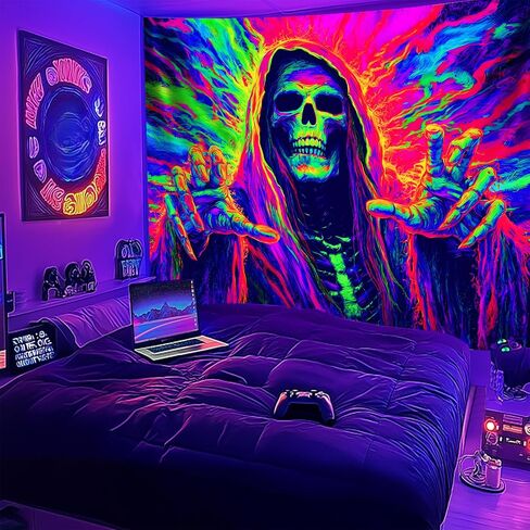 NYZE Blacklight Halloween Tapestry Glow in The Dark Tapestry UV Reactive Trippy Tapestry Neon Halloween Wall Art Black Light Posters for Bedroom Living Room Party Decor - Reaper Skull, 79" L X 59" W in Saudi Arabia