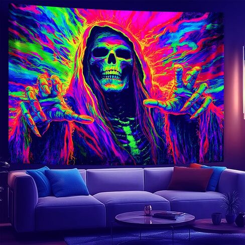 NYZE Blacklight Halloween Tapestry Glow in The Dark Tapestry UV Reactive Trippy Tapestry Neon Halloween Wall Art Black Light Posters for Bedroom Living Room Party Decor - Reaper Skull, 79" L X 59" W in Saudi Arabia
