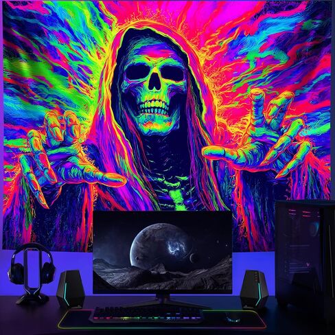 NYZE Blacklight Halloween Tapestry Glow in The Dark Tapestry UV Reactive Trippy Tapestry Neon Halloween Wall Art Black Light Posters for Bedroom Living Room Party Decor - Reaper Skull, 79" L X 59" W in Saudi Arabia