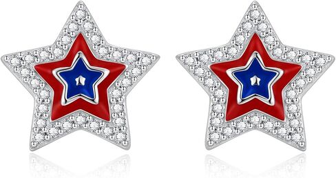 925 Sterling Silver American Flag Star Stud Earrings for Women Red White Blue Patriotic USA Independence Day July 4th CZ Enamel Hypoallergenic Gift in Saudi Arabia