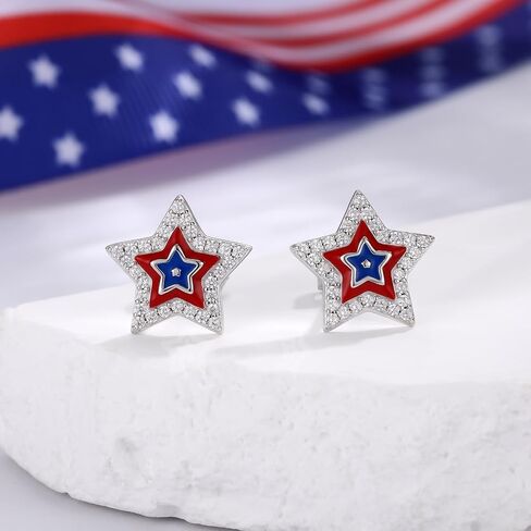 925 Sterling Silver American Flag Star Stud Earrings for Women Red White Blue Patriotic USA Independence Day July 4th CZ Enamel Hypoallergenic Gift in Saudi Arabia