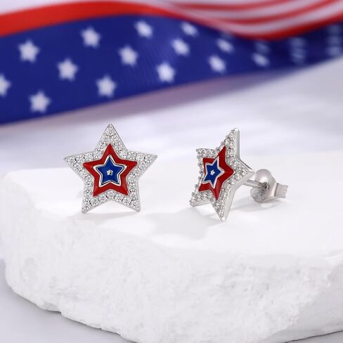 925 Sterling Silver American Flag Star Stud Earrings for Women Red White Blue Patriotic USA Independence Day July 4th CZ Enamel Hypoallergenic Gift in Saudi Arabia