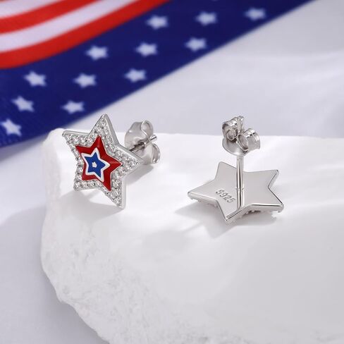 925 Sterling Silver American Flag Star Stud Earrings for Women Red White Blue Patriotic USA Independence Day July 4th CZ Enamel Hypoallergenic Gift in Saudi Arabia