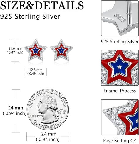 925 Sterling Silver American Flag Star Stud Earrings for Women Red White Blue Patriotic USA Independence Day July 4th CZ Enamel Hypoallergenic Gift in Saudi Arabia