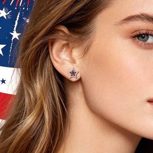 925 Sterling Silver American Flag Star Stud Earrings for Women Red White Blue Patriotic USA Independence Day July 4th CZ Enamel Hypoallergenic Gift in Saudi Arabia