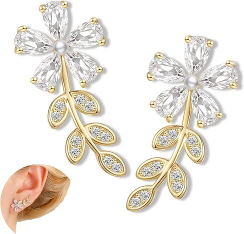 Gold Plated Climber Earrings for Women Ear Crawler Earrings Cubic Zirconia Trendy Flower Leaf Cuffs Studs Earring Dainty Purple Butterfly Crawler Sparkly Star Climbers Studs Earscpae Statement Earrings Gifts in Saudi Arabia