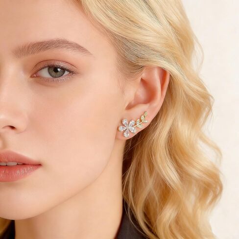 Gold Plated Climber Earrings for Women Ear Crawler Earrings Cubic Zirconia Trendy Flower Leaf Cuffs Studs Earring Dainty Purple Butterfly Crawler Sparkly Star Climbers Studs Earscpae Statement Earrings Gifts in Saudi Arabia