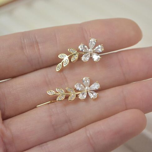 Gold Plated Climber Earrings for Women Ear Crawler Earrings Cubic Zirconia Trendy Flower Leaf Cuffs Studs Earring Dainty Purple Butterfly Crawler Sparkly Star Climbers Studs Earscpae Statement Earrings Gifts in Saudi Arabia