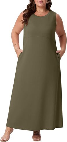 OLRIK Plus Size Maxi Dress for Women Summer Casual Sleeveless Long Sundress with Pockets Elegant Empire Waist in Saudi Arabia