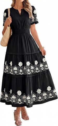 Simplee Summer Wedding Guest Maxi Dresses for Women 2026 V Neck Short Sleeve Floral Casual Long Flowy Boho Dress Outfits in Saudi Arabia