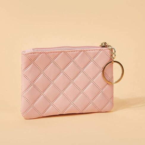 Coin Purse for Women Pink Rhombus PU Leather Mini Zipper Coin Pouch with Keyring Cute Change Purse Small Wallet for Men Women Portable Bag Pocket Handbag Everyday Use in Saudi Arabia