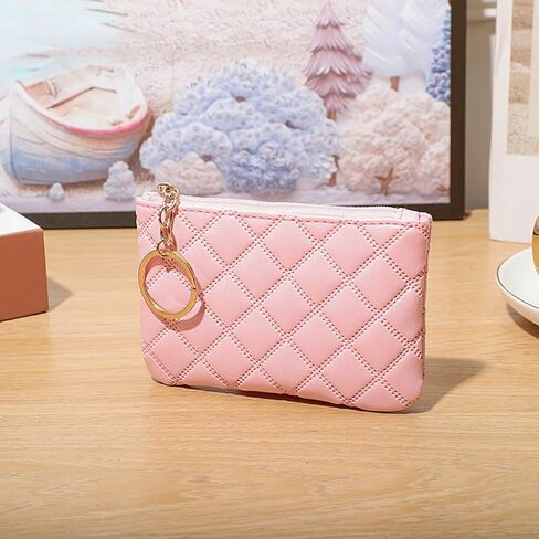 Coin Purse for Women Pink Rhombus PU Leather Mini Zipper Coin Pouch with Keyring Cute Change Purse Small Wallet for Men Women Portable Bag Pocket Handbag Everyday Use in Saudi Arabia